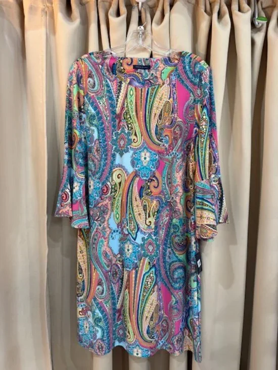NWT Tommy Hilfiger Womens Plus Paisley Print Bell Sleeve Shift Dress Size 14 - Picture 2 of 4